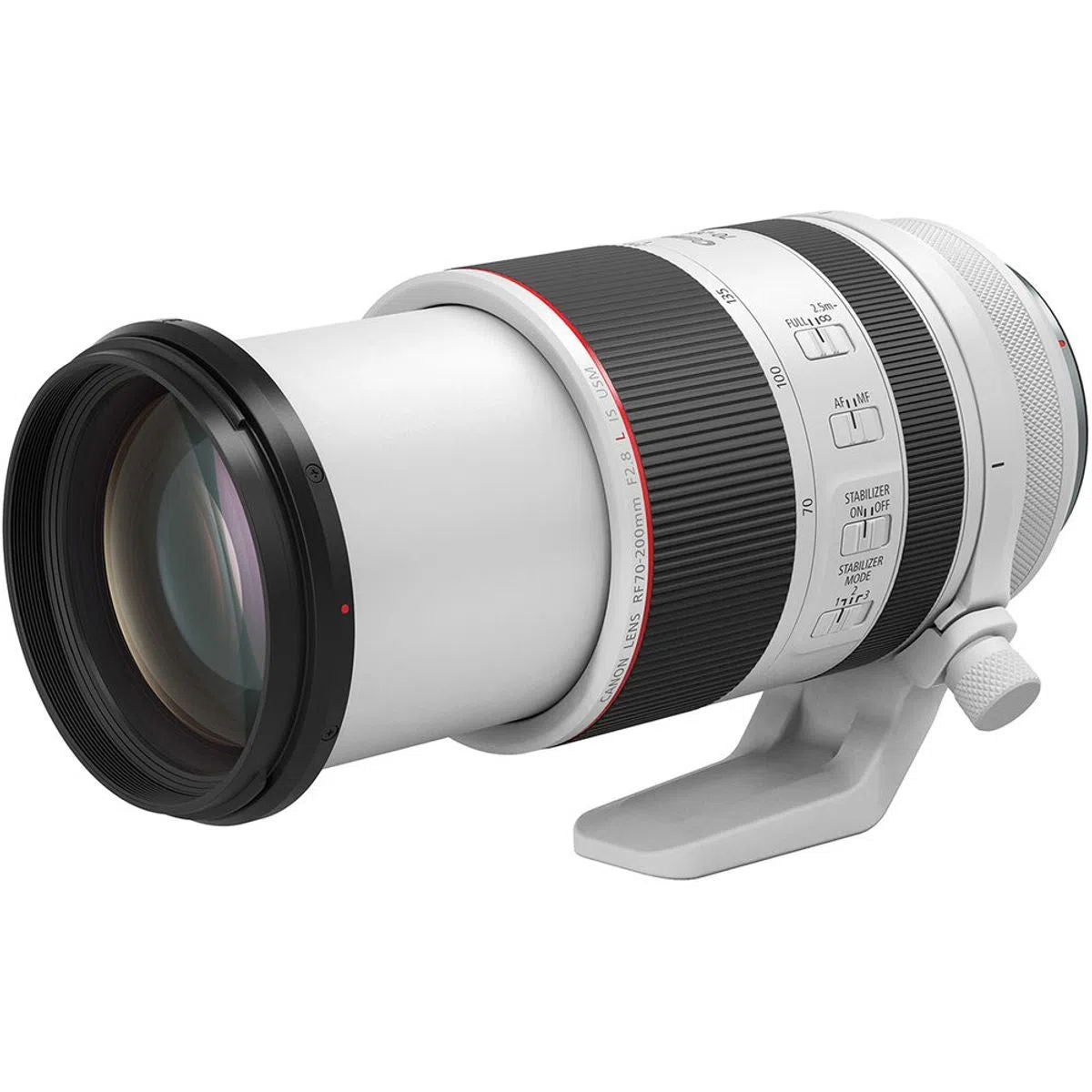 RF 70-200mm F2.8 lens angled view showing front glass and control markings