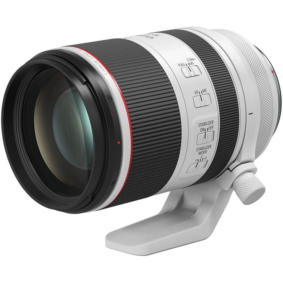 RF 70-200mm F2.8 lens side angle showing stabilization labels and barrel texture