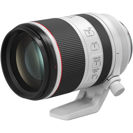 RF 70-200mm F2.8 lens side angle showing stabilization labels and barrel texture
