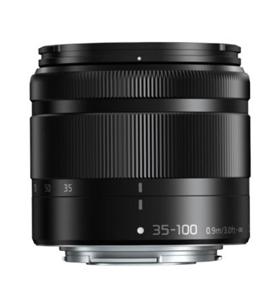 Black Micro Four Thirds 35-100mm lens with ribbed focus ring and hood