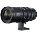 18-55mm T2.9 cine zoom lens, black body with green trim, on tripod-like stand