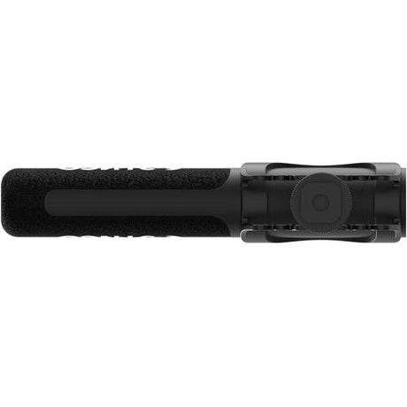 Microfon de cameră negru, vedere din lateral: urechi de montaj și capsulă rotunjită