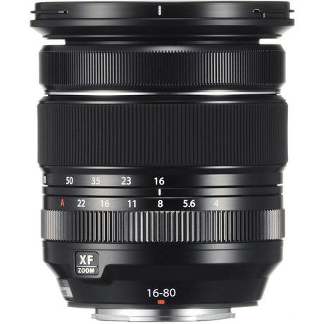 16-80mm f/4 R OIS WR lens showing focus/zoom scale ring and textured grip