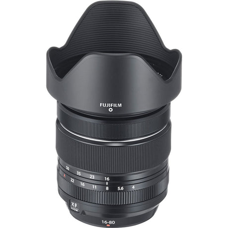16-80mm f/4 R OIS WR lens with front hood and ribbed zoom/focus rings