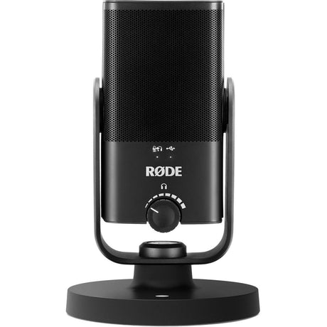 Front view of black USB podcast microphone, grille and volume gain dial visible