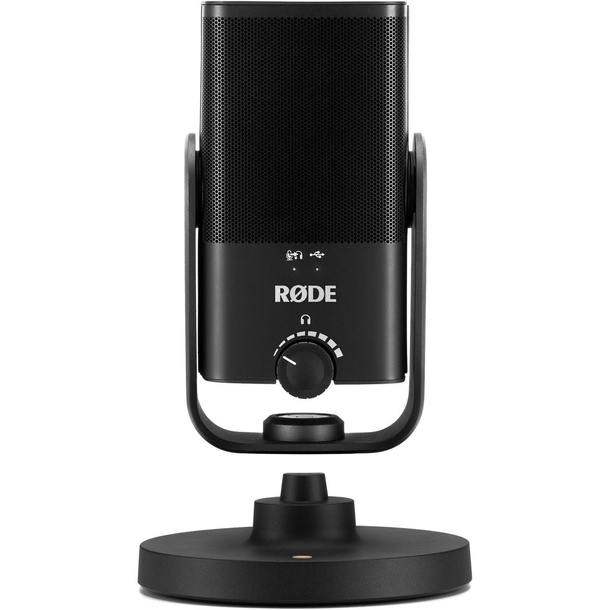Back view of black USB podcast microphone on base, showing control dial and handle