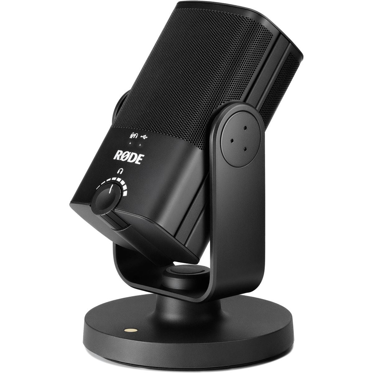 Angled view of black USB podcast microphone with grille, front dial, and base