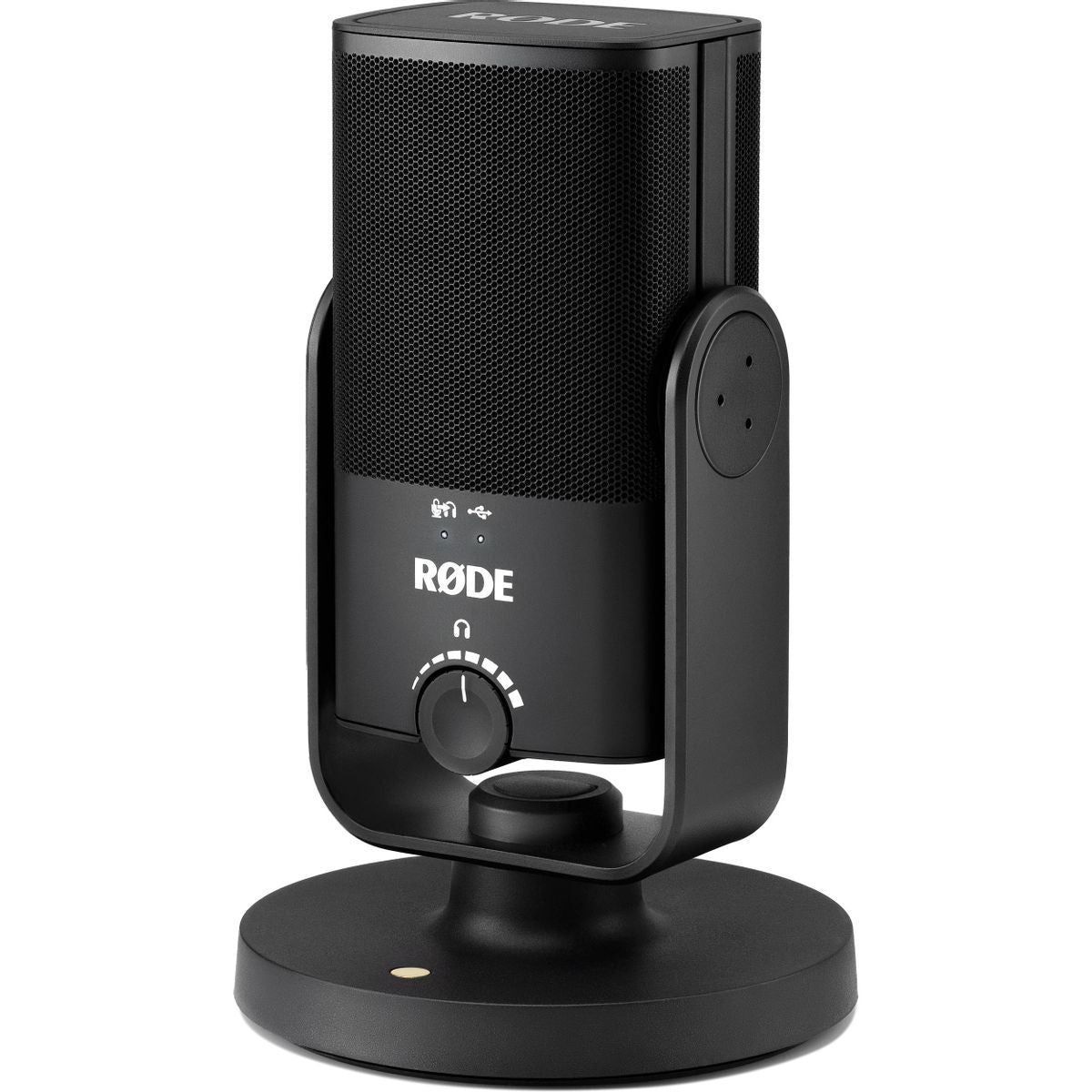 Black USB podcast microphone with top grille and side power/port panel visible