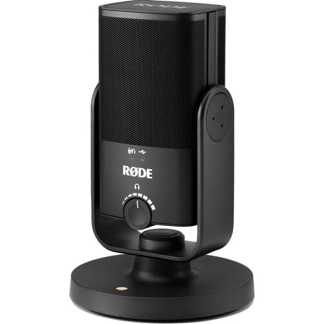 Black USB podcast microphone with top grille and side power/port panel visible