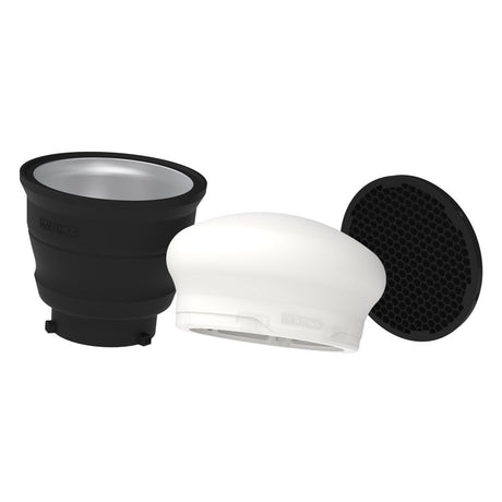 Cap difuzor alb și con negru cu grilaj tip fagure, accesorii pentru bliț studio