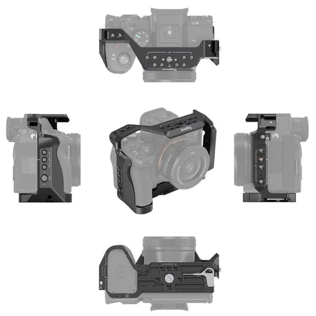 Black full camera cage shown from multiple angles on a mirrorless body