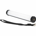 RGB LED tube light with black end cap and carry strap, cylindrical diffuser body