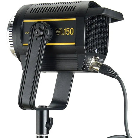 VL150 LED video light with power cable connected, front panel and mounting arm