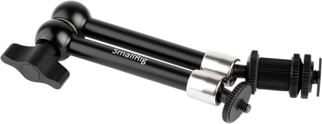Articulating 11-inch camera rig arm with dual clamp joints and knurled adjustment collars