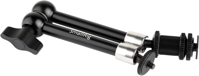 Articulating 11-inch camera rig arm with dual clamp joints and knurled adjustment collars