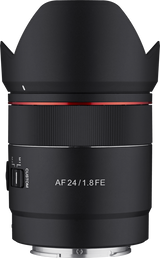 Front view of black AF 24mm f/1.8 FE lens with red accent ring and ribbed barrel