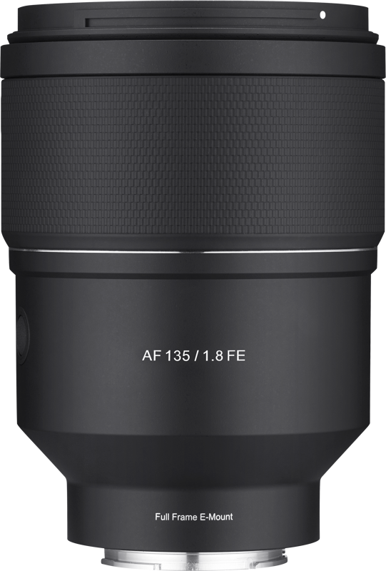 Black AF 135mm f/1.8 FE full-frame E-mount camera lens, front label visible