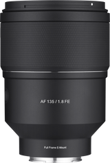 Black AF 135mm f/1.8 FE full-frame E-mount camera lens, front label visible