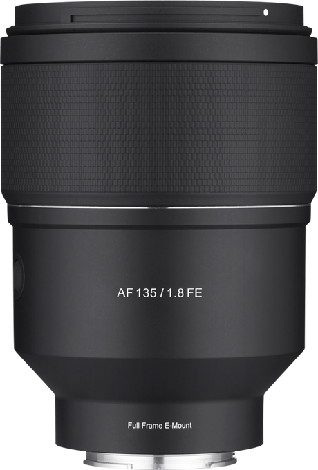 Black AF 135mm f/1.8 FE full-frame E-mount camera lens, front label visible