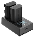 Dual LP‑E6N battery charger with two batteries seated on dock