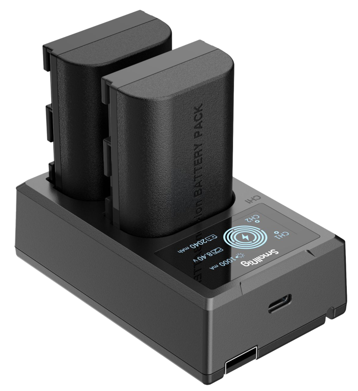Dual LP‑E6N battery charger with two batteries seated on dock