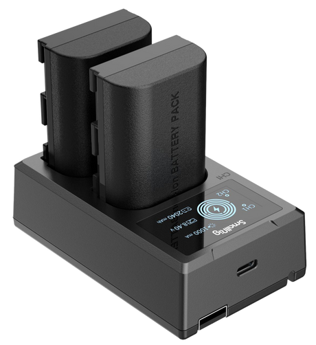 Dual LP‑E6N battery charger with two batteries seated on dock