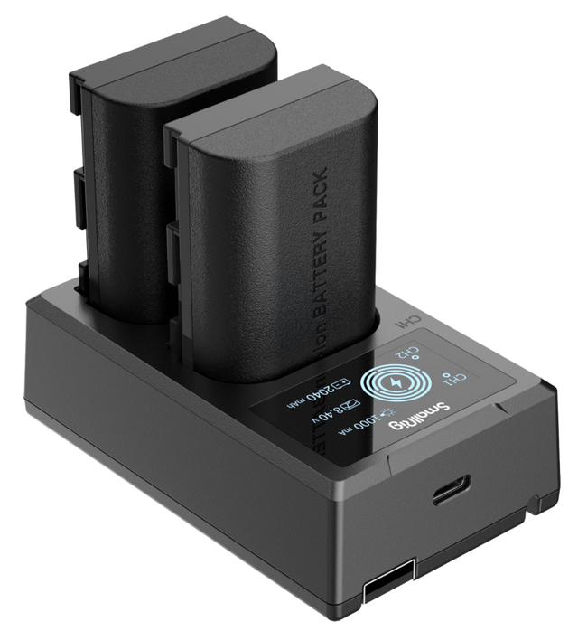 Dual LP‑E6N battery charger with two batteries seated on dock