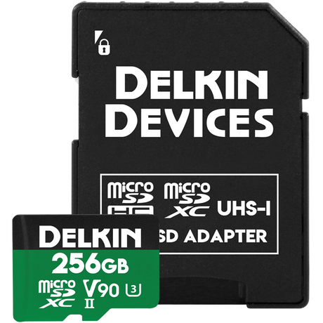 Delkin SD adapter cu card microSD 256GB V90, UHS-II, inscripții vizibile