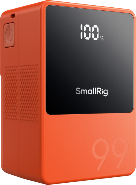 Orange V-mount battery mini with LCD showing 100% and front branding