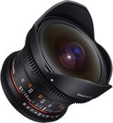 Black 12mm fisheye lens close-up angled front element with engraved distance markings