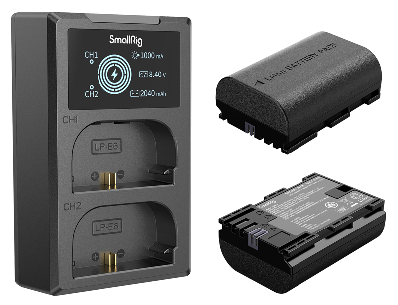 Dual charger front with CH1/CH2 display, two LP‑E6N batteries and one spare