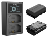 Dual charger front with CH1/CH2 display, two LP‑E6N batteries and one spare