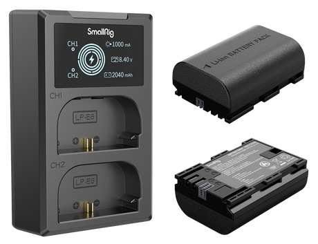 Dual charger front with CH1/CH2 display, two LP‑E6N batteries and one spare