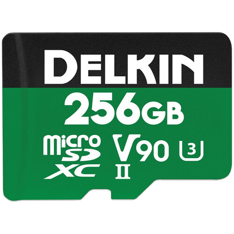 Card microSD Delkin 256GB V90 UHS-II, inscripții verzi și albe