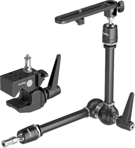 Articulating camera magic arm with clamp head and top plate, black metal
