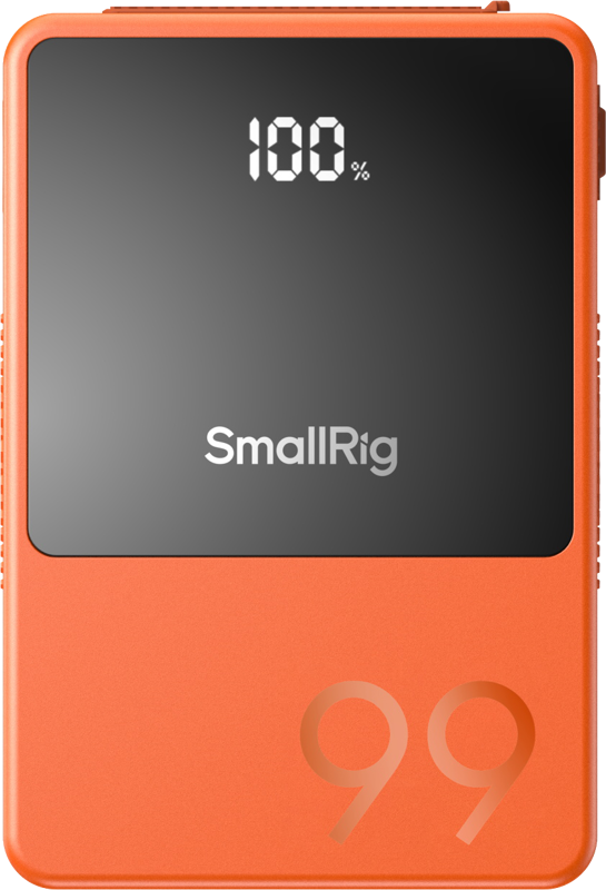 Orange V-mount battery front with LCD 100% and large 99 capacity marking