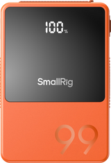 Orange V-mount battery front with LCD 100% and large 99 capacity marking