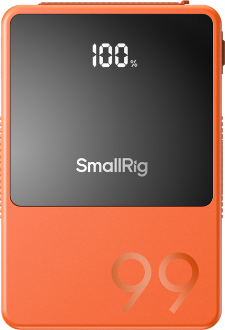 Orange V-mount battery front with LCD 100% and large 99 capacity marking