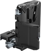 Black V-mount plate kit close-up with mounting ports and side handle
