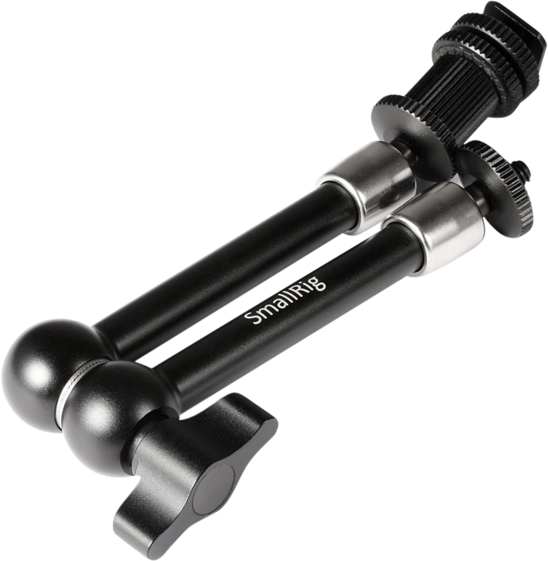 Close-up of articulating arm ball head ends with textured black adjustment knobs