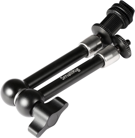 Close-up of articulating arm ball head ends with textured black adjustment knobs