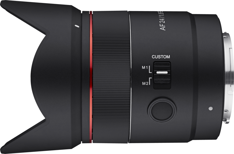 Side view of black AF 24mm f/1.8 FE lens showing custom M1/M2 switch area