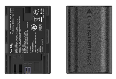 LP‑E6N battery pack back side with label, recycling and safety icons