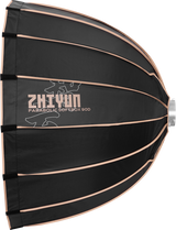 Black parabolic softbox 90cm exterior with copper trim and printed brand text