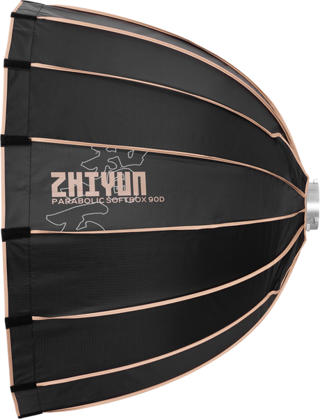 Black parabolic softbox 90cm exterior with copper trim and printed brand text