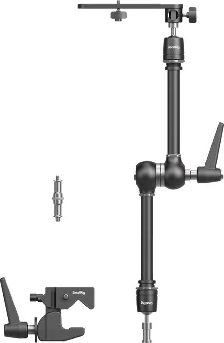 Vertical magic arm with clamp base and pivot joints, black metal