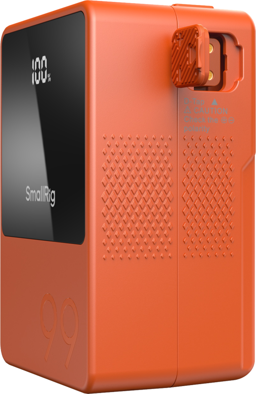 Orange V-mount battery side view with textured vent pattern and LCD panel