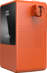 Orange V-mount battery side view with textured vent pattern and LCD panel