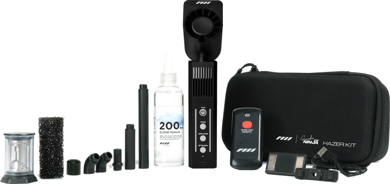 Kit de haze PMI SmokeNINJA-PRO cu telecomandă, duze și sticlă cu lichid