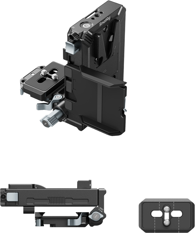 Black V-mount plate kit angled view with top mount and locking knobs